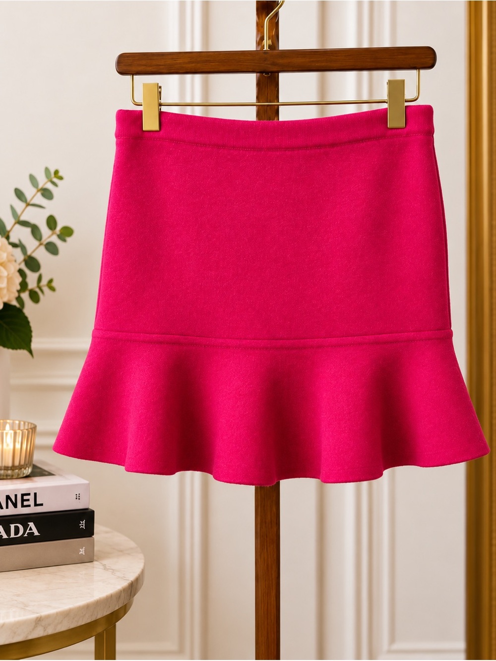 MILLY Fuchsia 100% Wool Flounce Mini Skirt — Size L